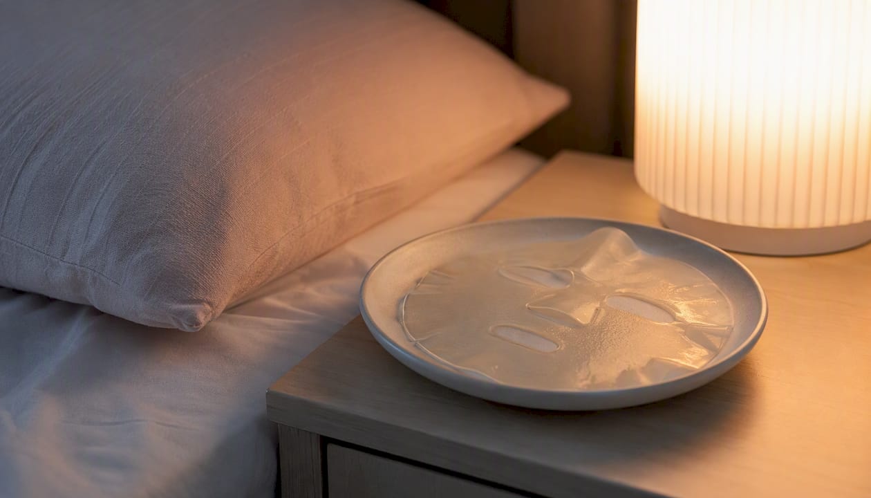 Transparent hydrogel overnight face mask on ceramic dish