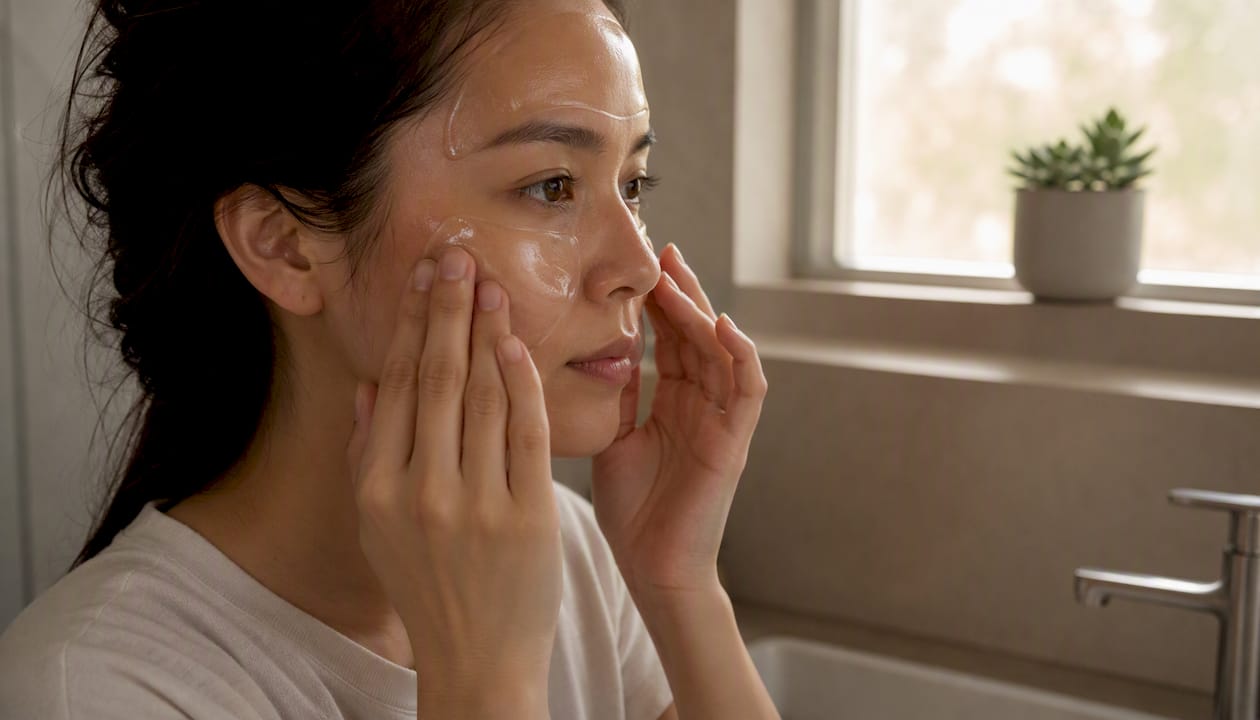 Hands applying translucent hydrogel sleeping mask to face