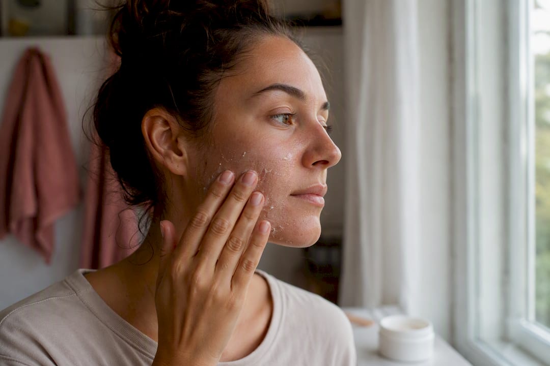 Hand applying moisturizer on dry cheek skin