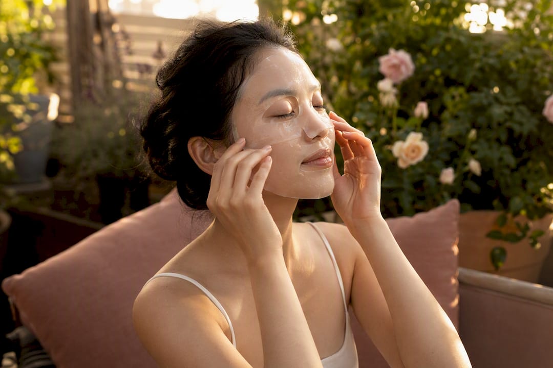 Hands applying translucent hydrogel mask on face