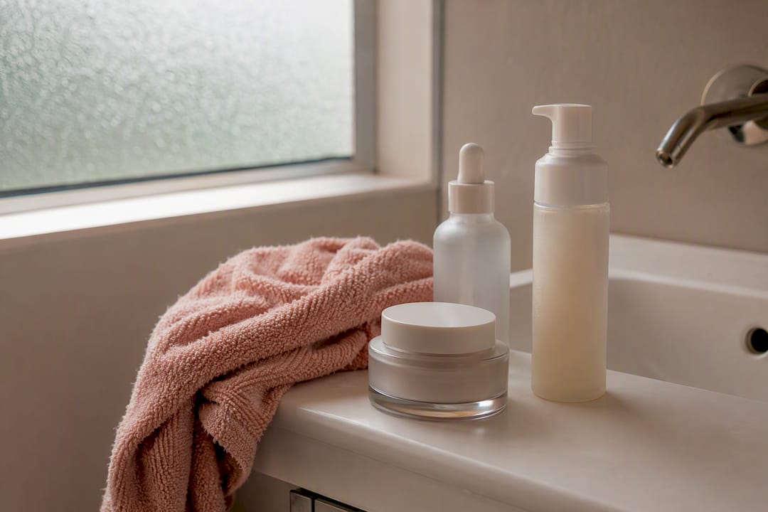 Four essential minimalist skincare products on vanity