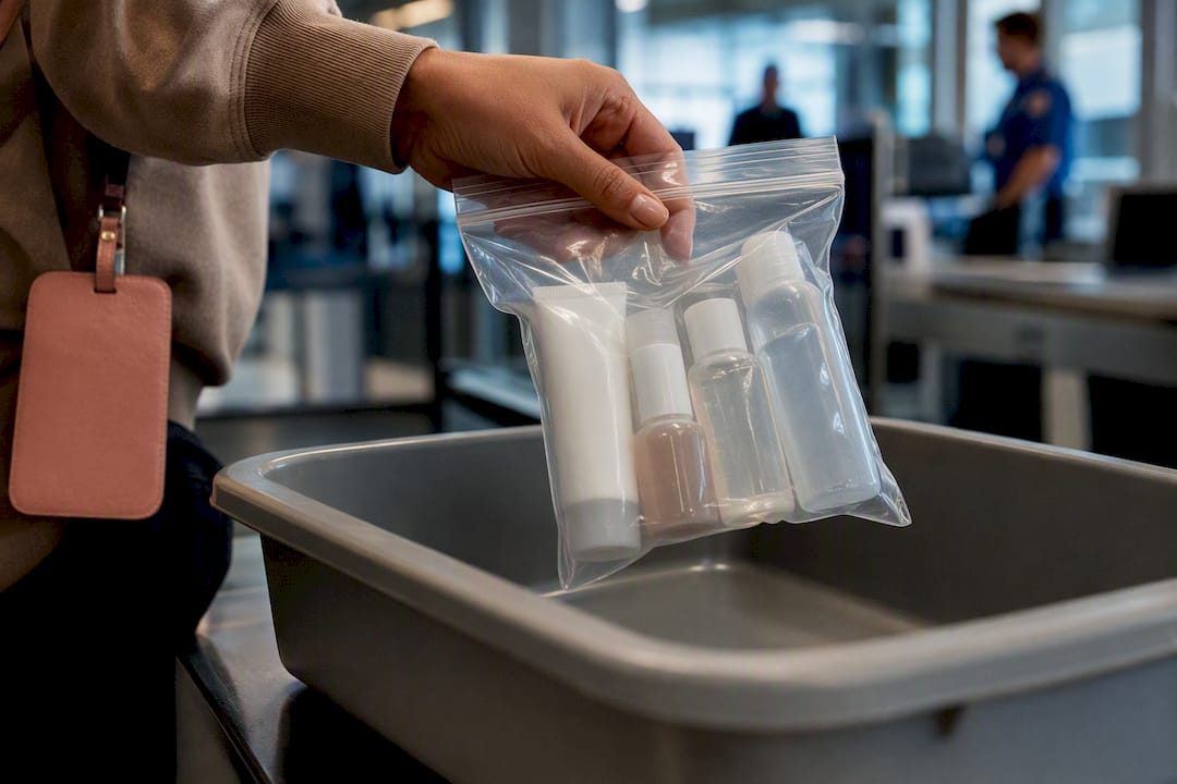 Clear liquids bag entering airport screening bin
