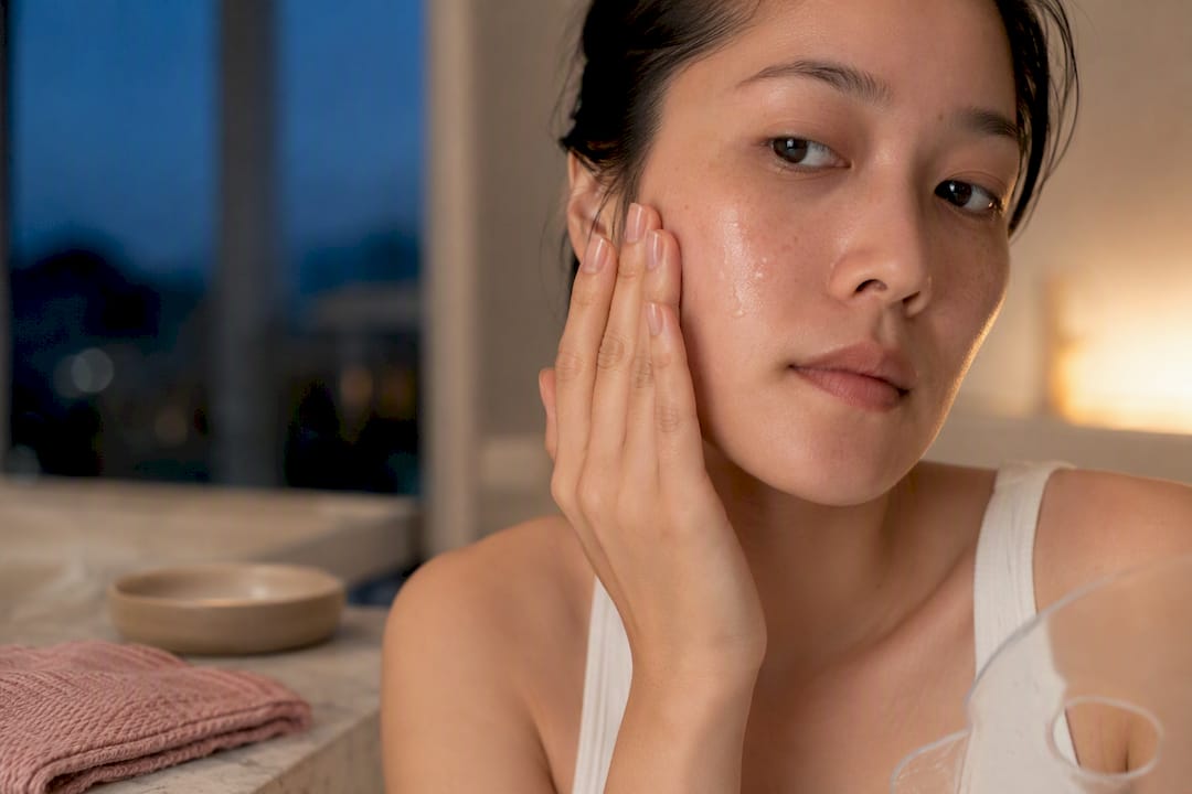 Woman applying gentle serum to cheek