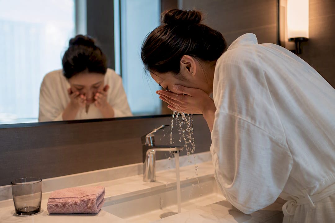 Professional rinsing cleanser in hotel bathroom