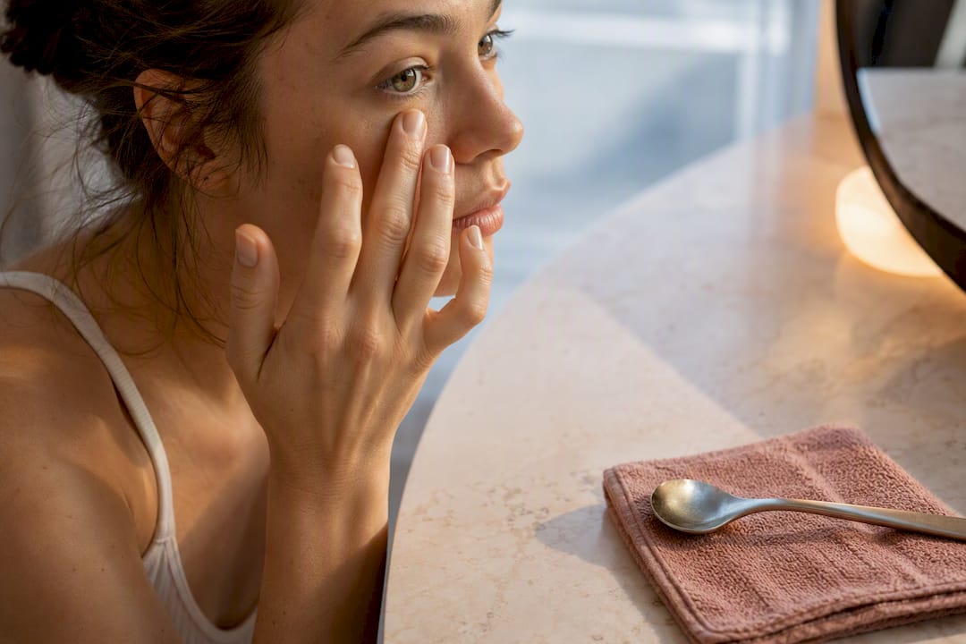 Woman massaging under-eye area during morning routine